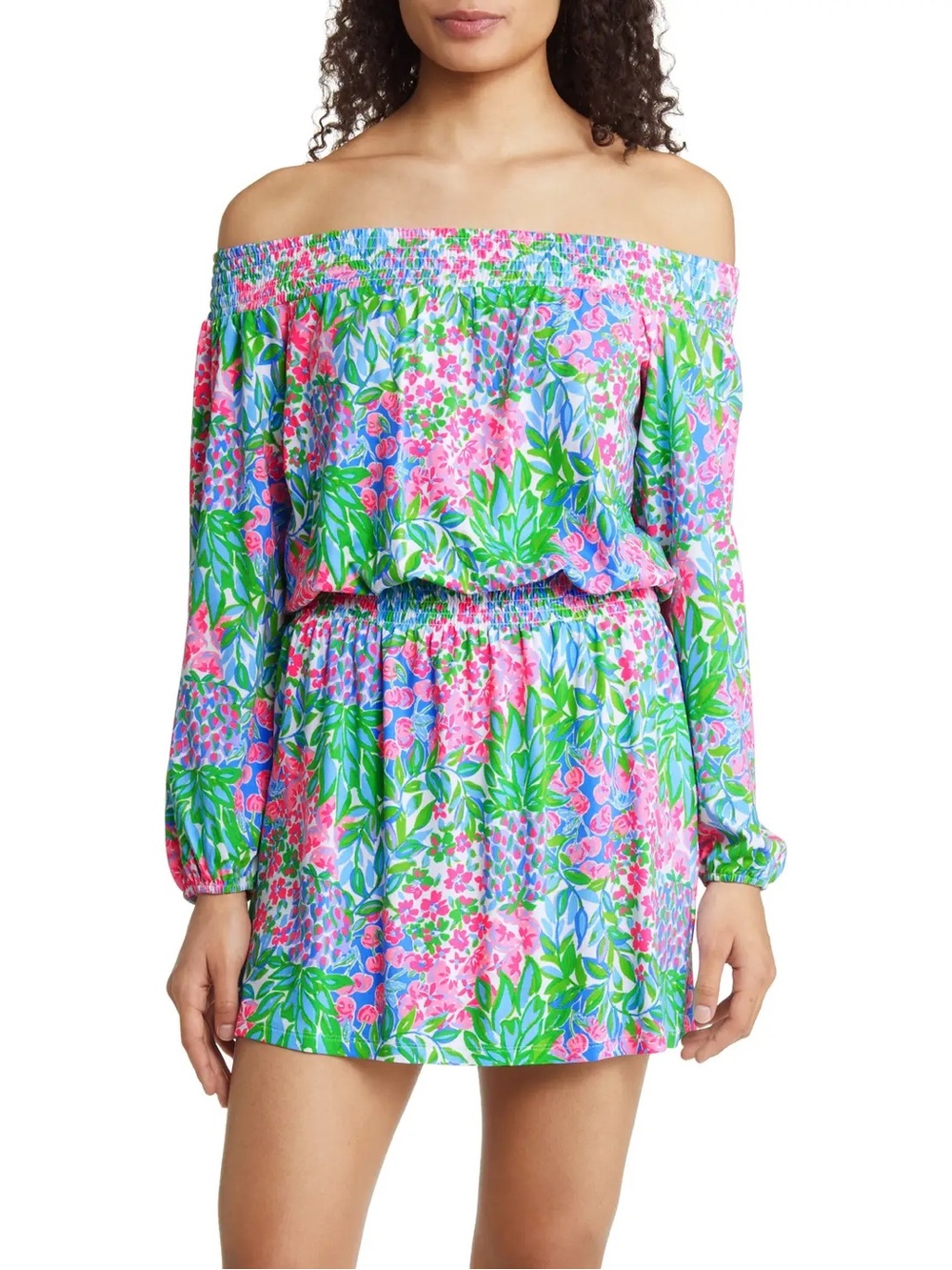 Lilly Pulitzer XS Floral Off-Shoulder Romper in Pink, Green & Blue